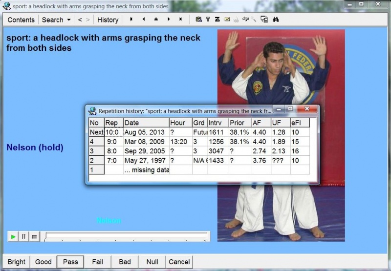 SuperMemo: Repetition history dialog box displaying the history of repetitions for the current element
