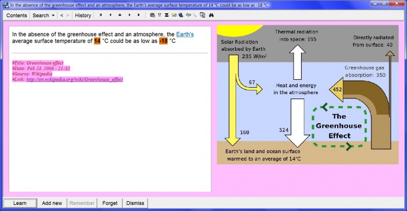 SuperMemo: Two numbers from the extracted sentence are used as keywords for generating questions and answers (temperatures of 14 °C and -18 °C)