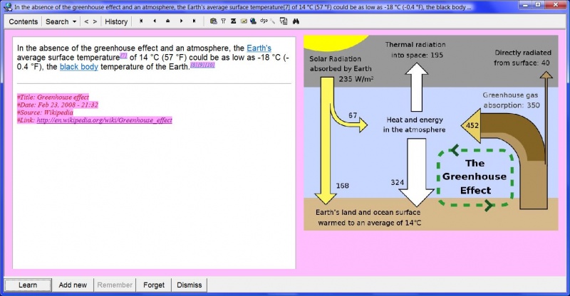 SuperMemo: An extract produced from an article about the greenhouse effect (references (in pink) at the bottom are added automatically)