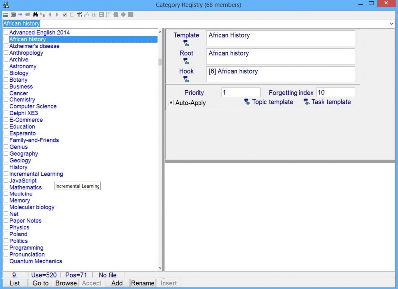SuperMemo: Category registry which you can use to review categories (and change their properties) used in your collection