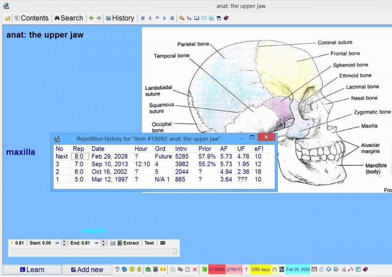 SuperMemo: Repetition history dialog box displaying the history of repetitions for the current element