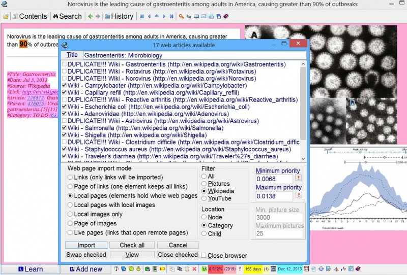 SuperMemo: Importing articles about the microbiology of gastroenteritis from Wikipedia for incremental learning. All articles that have already been imported are marked as DUPLICATE!!!, those have been unchecked and will not be imported.